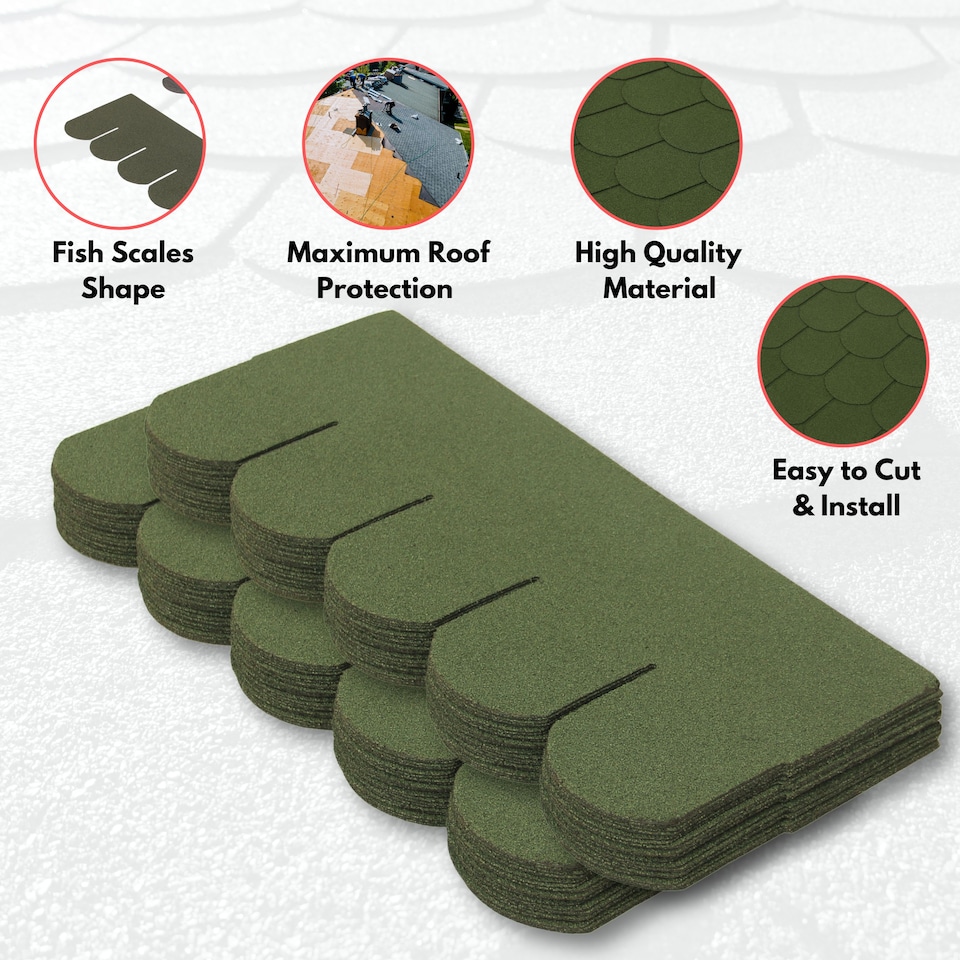 image 1 of Premium Asphalt Roof Shingles - Fish Scales Design 80 x 31.5 cm Weather Resistant Roofing Felt (25 Pcs)