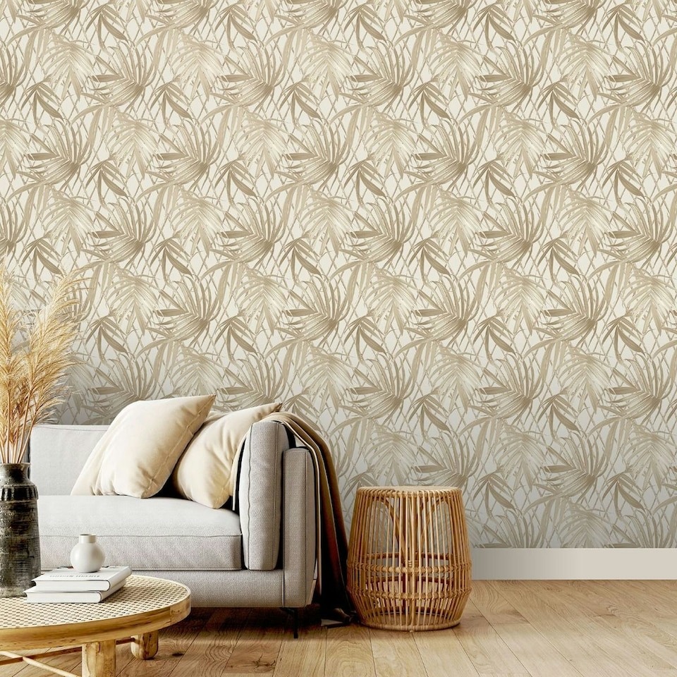 image 1 of Rasch Paradise Palm Leaf Heavyweight Vinyl Textured Wallpaper - Gold/Cream - 10m x 53cm Gold