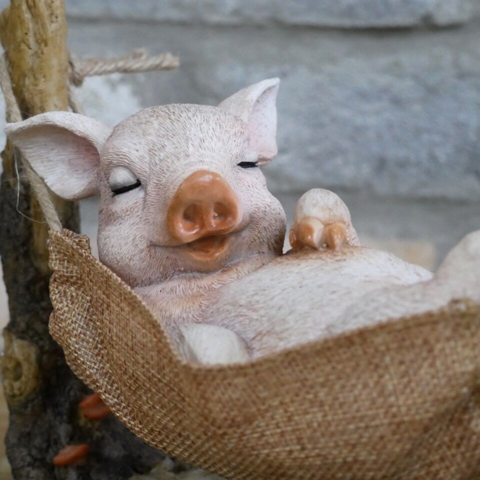 image 1 of Gifts Direct 2 U Swinging Pig in Hammock Figurine Ornament Brown