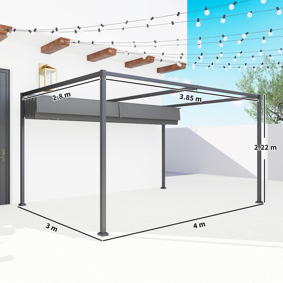 image 1 of Outsunny 4 x 3(m) Metal Outdoor Pergola with Retractable Roof, Outdoor Gazebo with Drainage Holes for Garden, Patio, Lawn, Grey