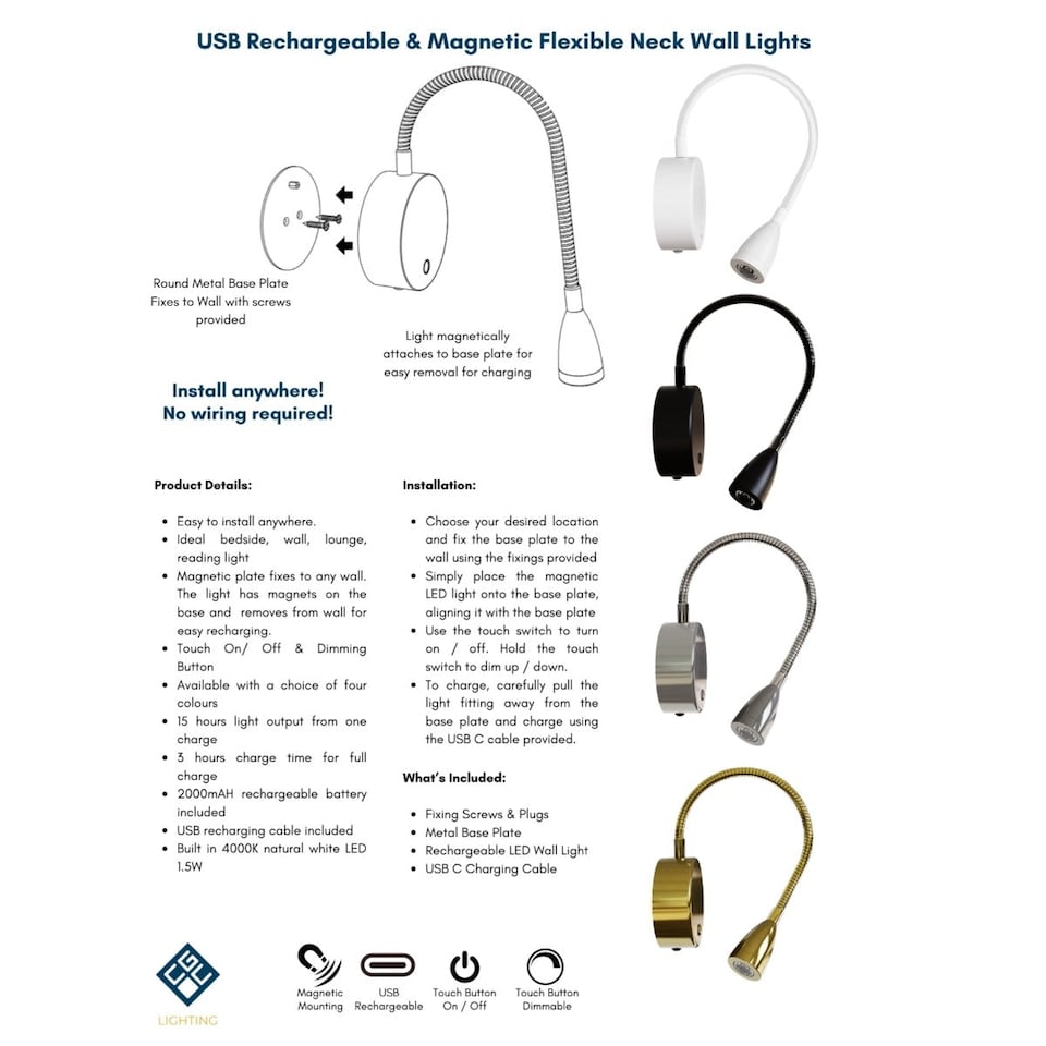 image 1 of CGC MATILDA Satin Gold Adjustable Flexible Neck LED Rechargeable Magnetic USB-C Bedside Wall Light