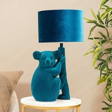 ValueLights Teal Velvet Koala Bedside Table Lamp with a Drum Lampshade Animal Light - Bulb Included