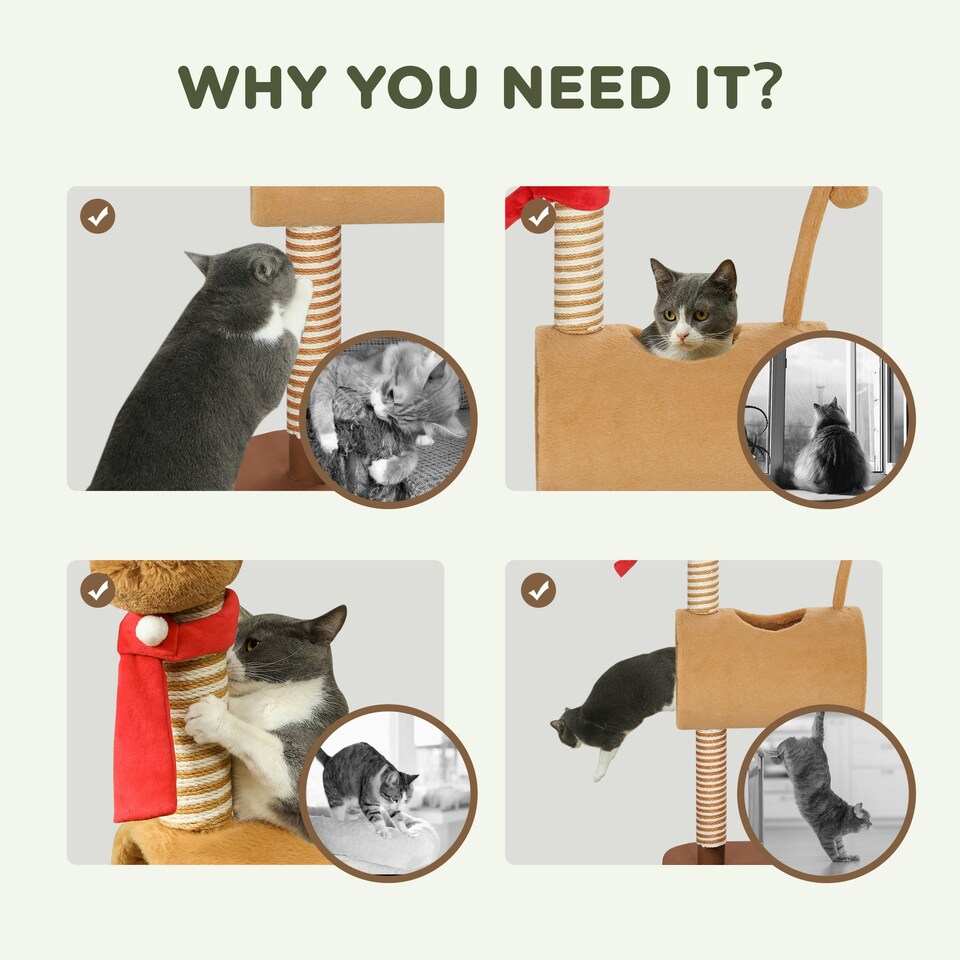 image 1 of PawHut Cat Tree 98cm Deer-Designed Scratching Post with Ball Tunnel, Brown