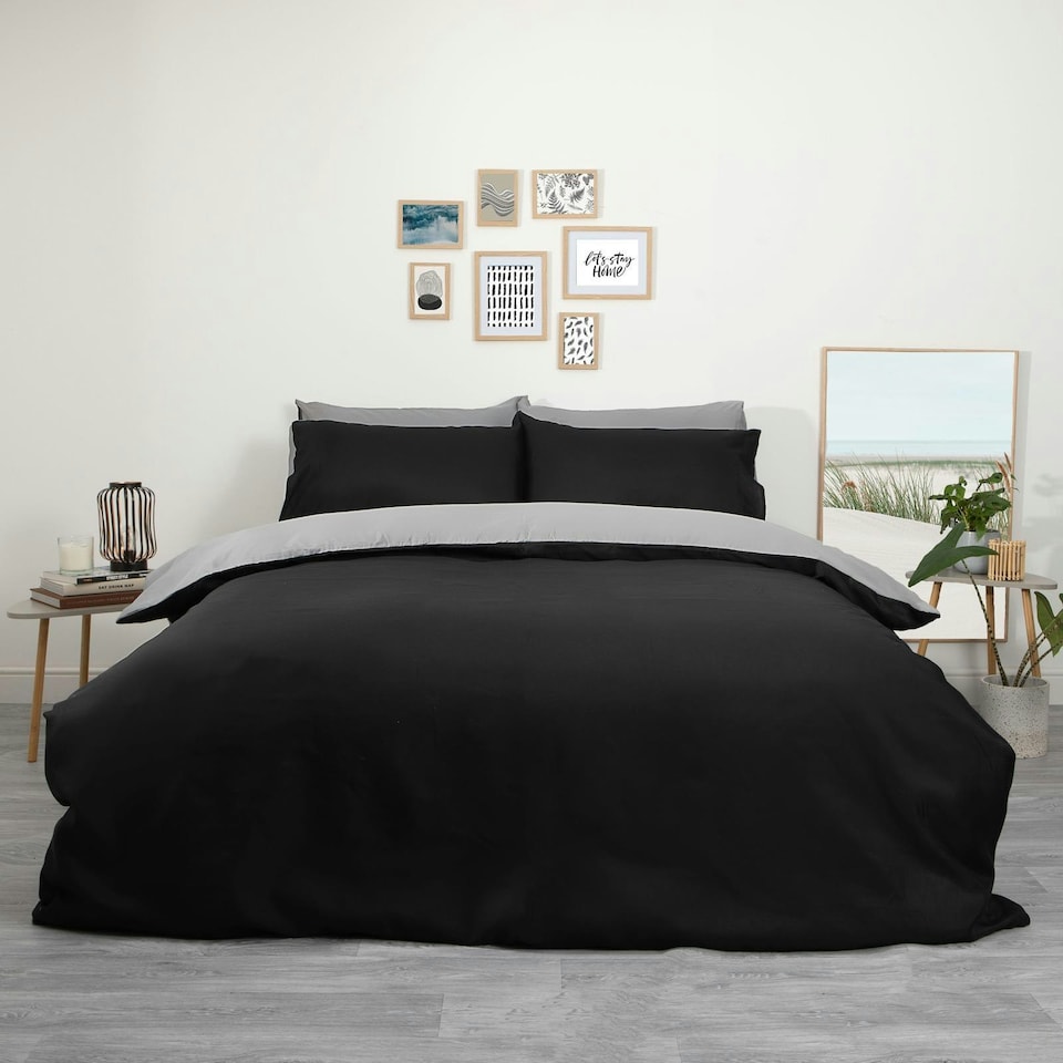 image 1 of OHS Plain Reversible Soft Microfibre Duvet Cover and Pillowcase Set, Single - Black/Grey
