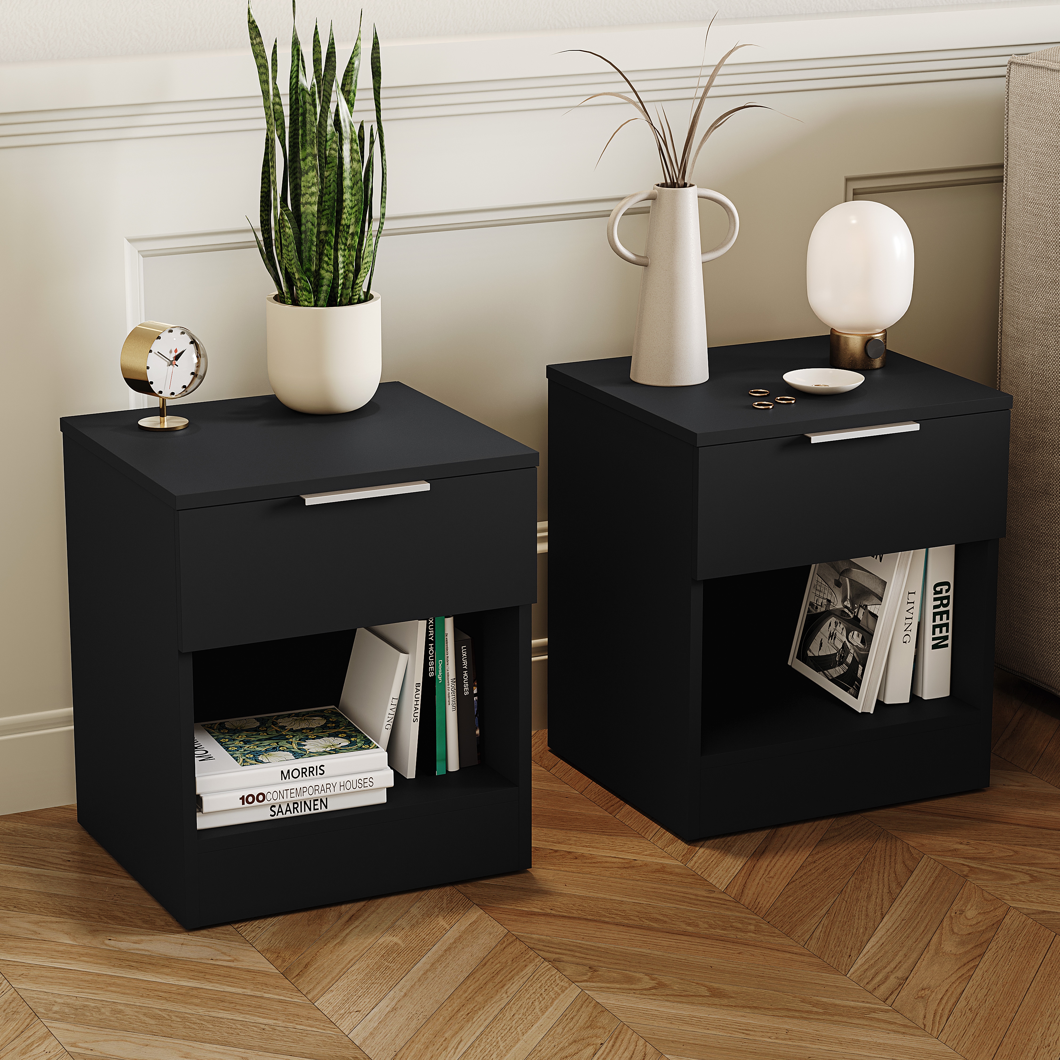 Vida Designs Trega 1 Drawer Bedside Chest Bedroom Storage Unit - (H) 41cm x (W) 39cm x (D) 28cm - Black, Set of 2