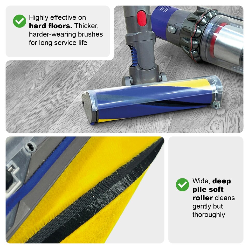 image 1 of SPARES2GO Soft Roller Brush Head for Dyson V7 V8 V10 V11 V15 Vacuum Direct Drive Hard Floor Tool Laser