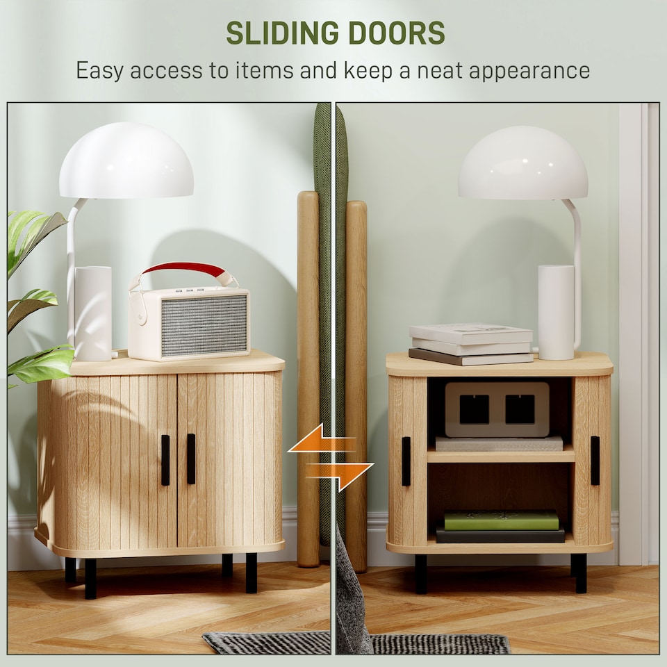 image 1 of HOMCOM Bedside Table, Nordic Side Table with Roller Shutter Style Sliding Doors and Metal Legs for Bedroom, Living Room, Oak Tone