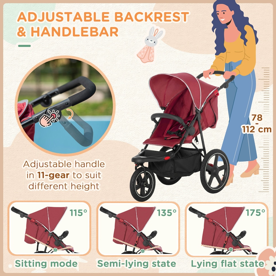 image 1 of HOMCOM Foldable Three-Wheeler Baby Stroller w/ Sun Canopy, Storage - Red