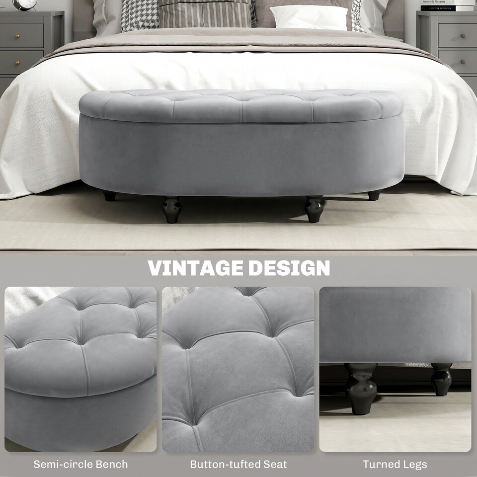 image 1 of HOMCOM Semi-Circle Storage Ottoman Bench Tufted Upholstered Grey