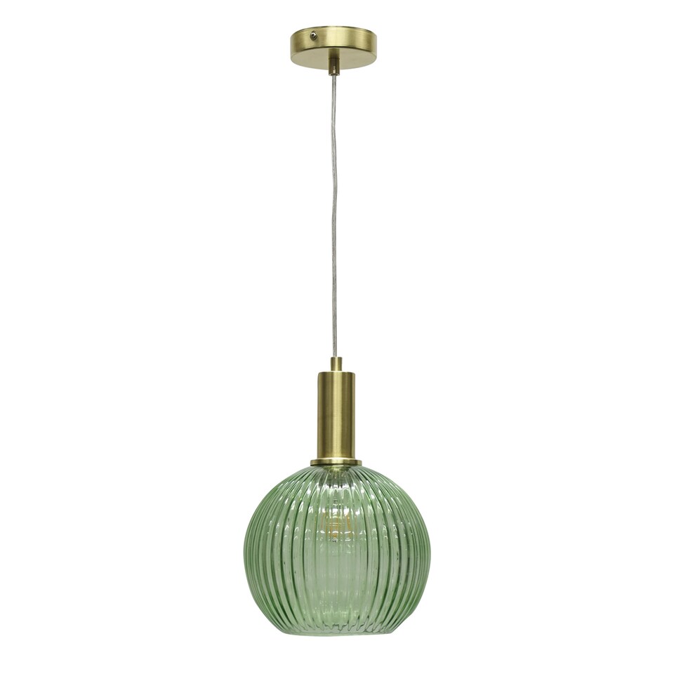 image 1 of Set of 2 Betchley - Green Ribbed Glass Globe Satin Brass Deco Pendants