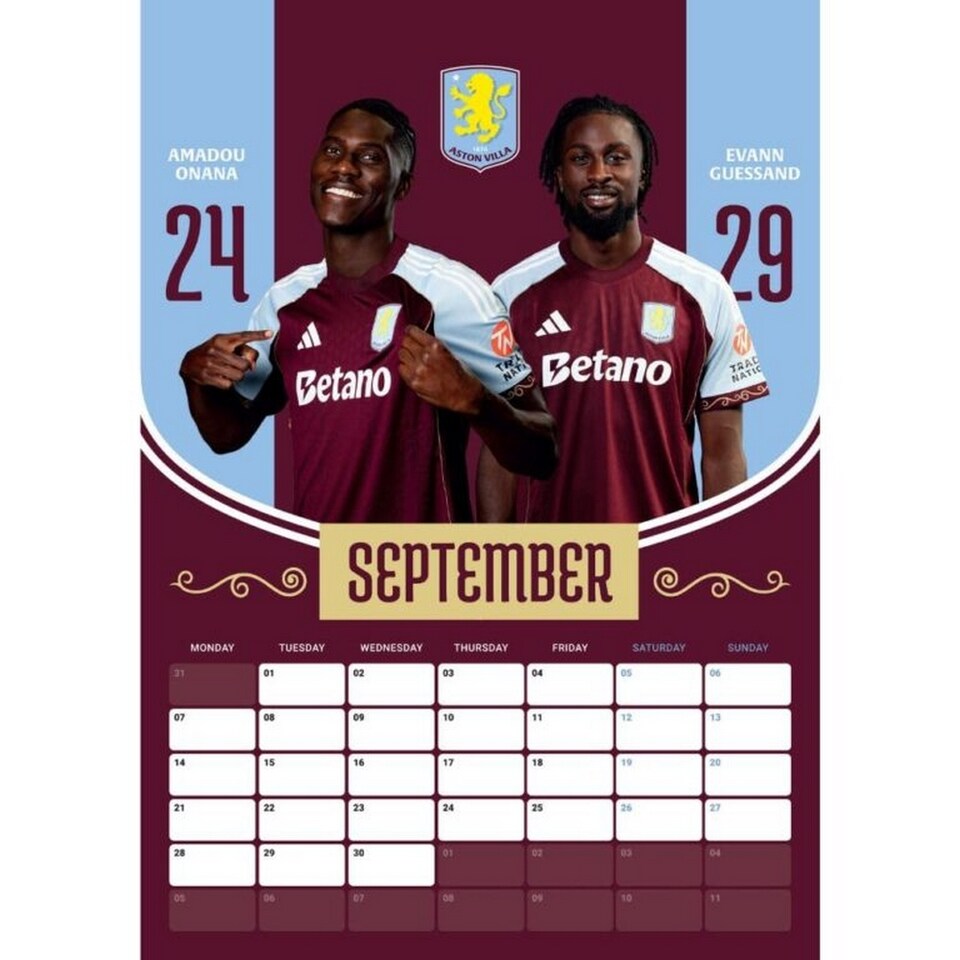 image 1 of Aston Villa FC 2026 A3 Wall Calendar | Red | Maroon/Blue | 1