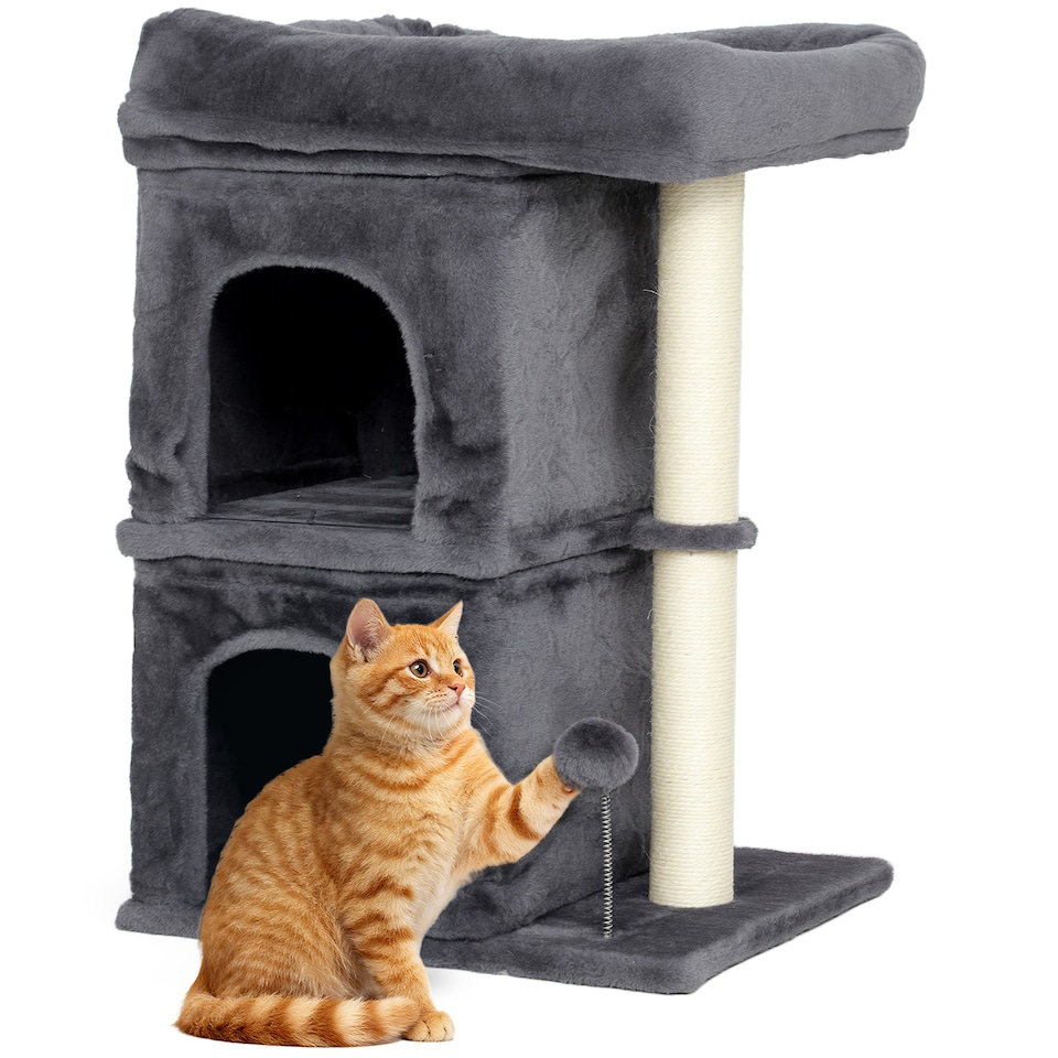 image 1 of PawHut 66cm Small Cat Tree for Large Adult Kittens Up to 7 KG, Cat Tower with Large Top Perch, 2 Condos, Sisal Scratching Post, Toy Ball, for Climbing, Relaxing, Playing, Dark Grey