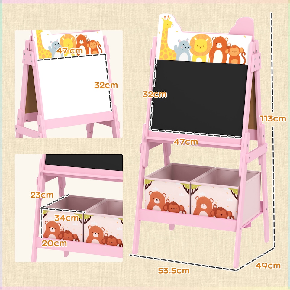 image 1 of AIYAPLAY 2 in 1 Kids Easel with Whiteboard, Chalkboard, Storage Boxes, Pink