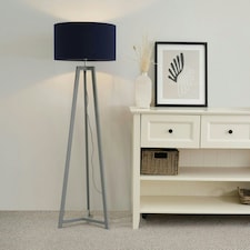 ValueLights Lottie Grey Wood Tripod Floor Lamp with Navy Blue Fabric Drum Shade and LED Bulb