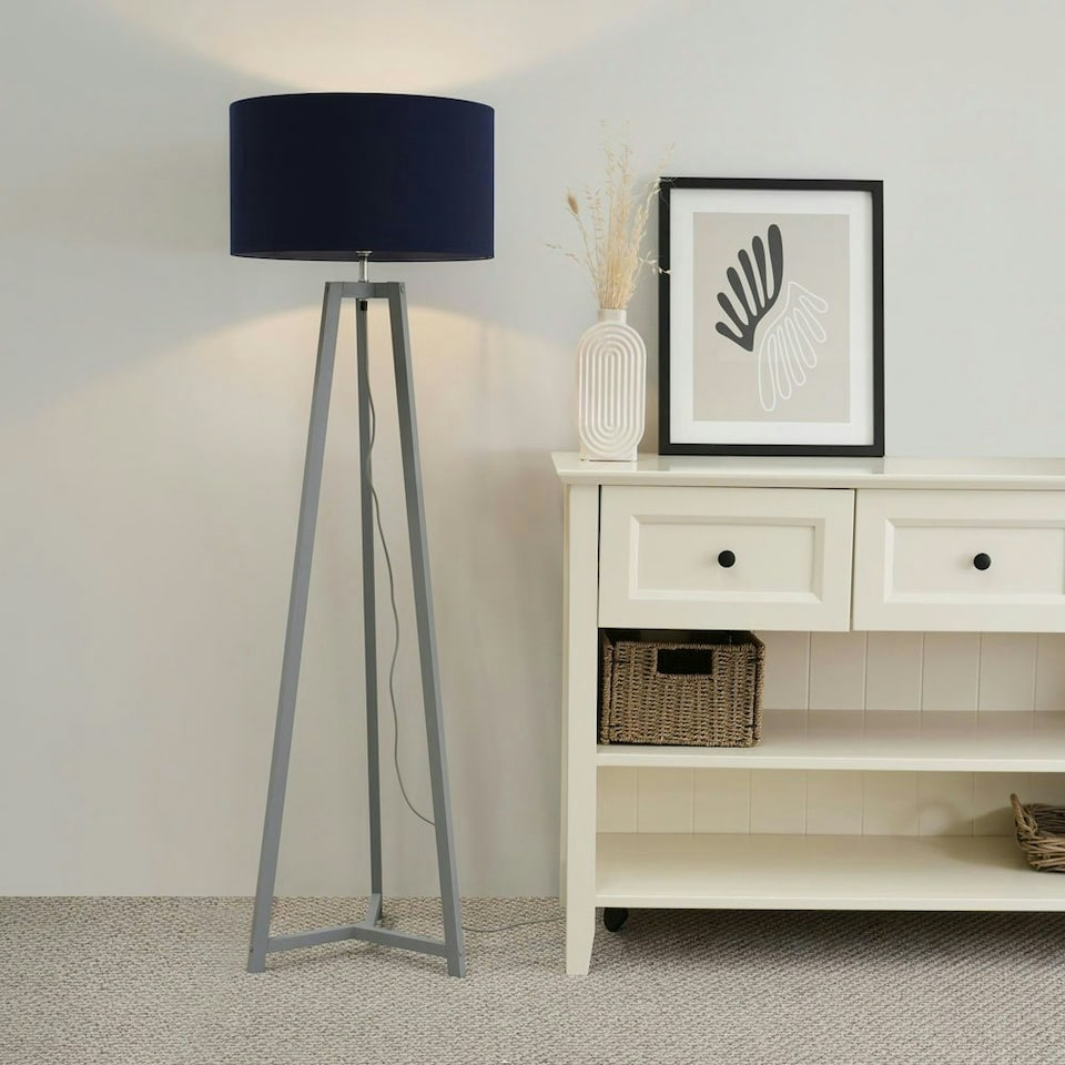 image 1 of ValueLights Lottie Grey Wood Tripod Floor Lamp with Navy Blue Fabric Drum Shade and LED Bulb