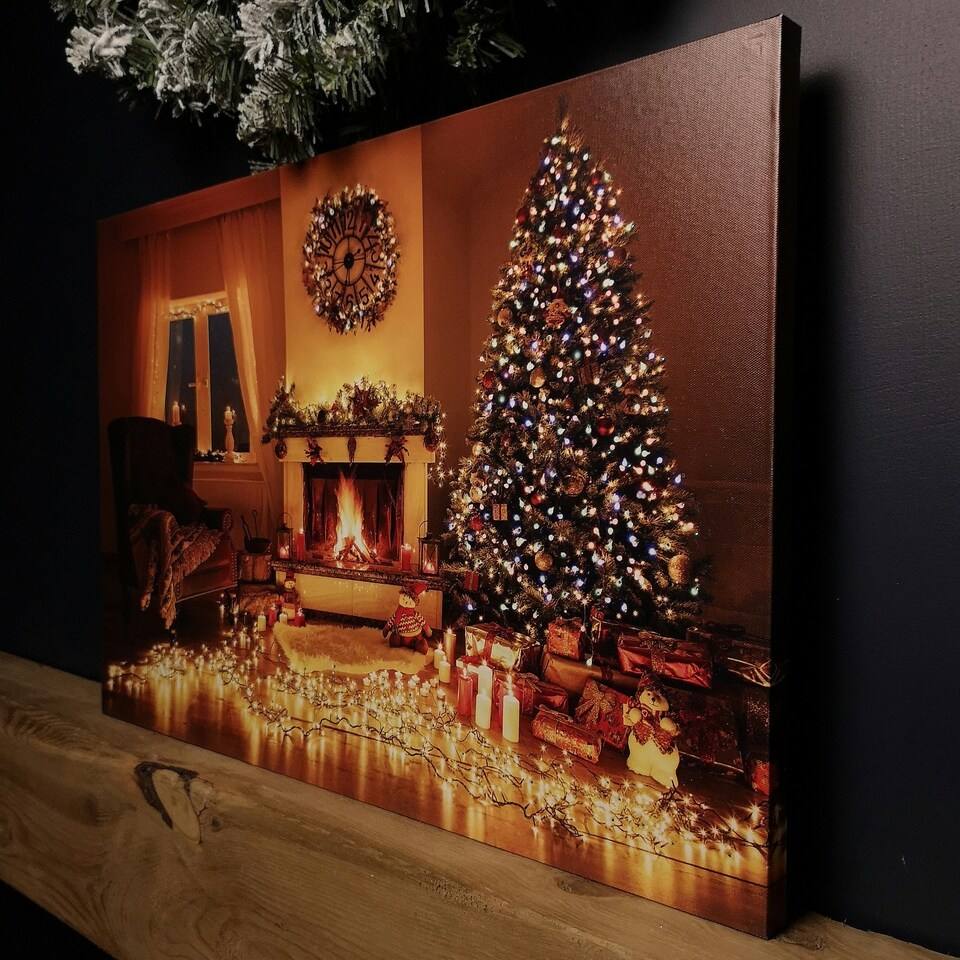 image 1 of 40 x 60cm Fibre Optic Wall Canvas with Christmas Tree Scene and Multicoloured LEDs