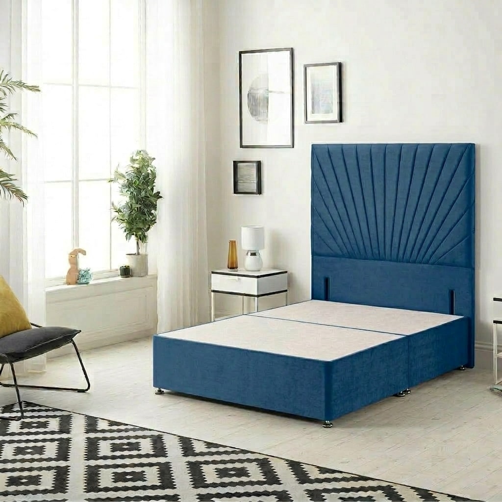 Sunburst Divan Bed with 54'' Floor Standing Headboard Plush Velvet Blue Navy