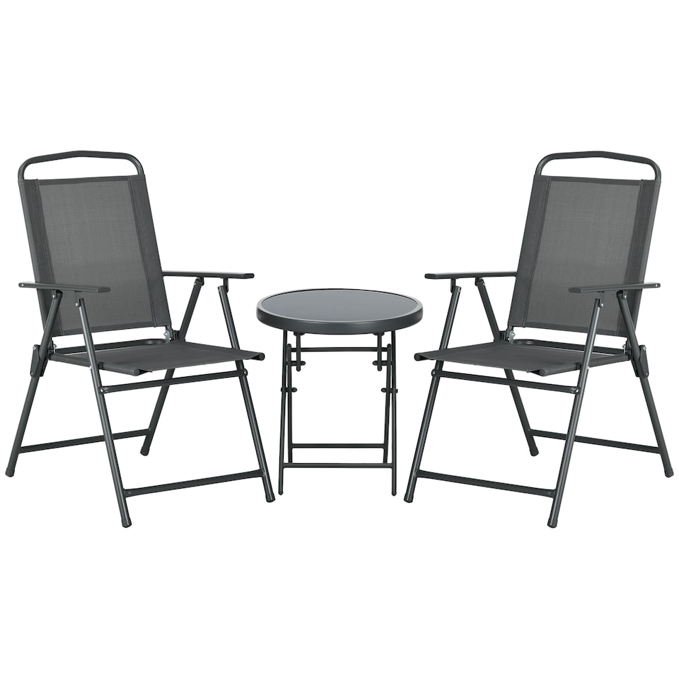 image 1 of Outsunny Garden Bistro Set, 3 Pieces Table and Chairs Set, Outdoor Garden Furniture with Foldable Breathable Mesh Fabric Armchairs & Glass Top Coffee Table | Grey