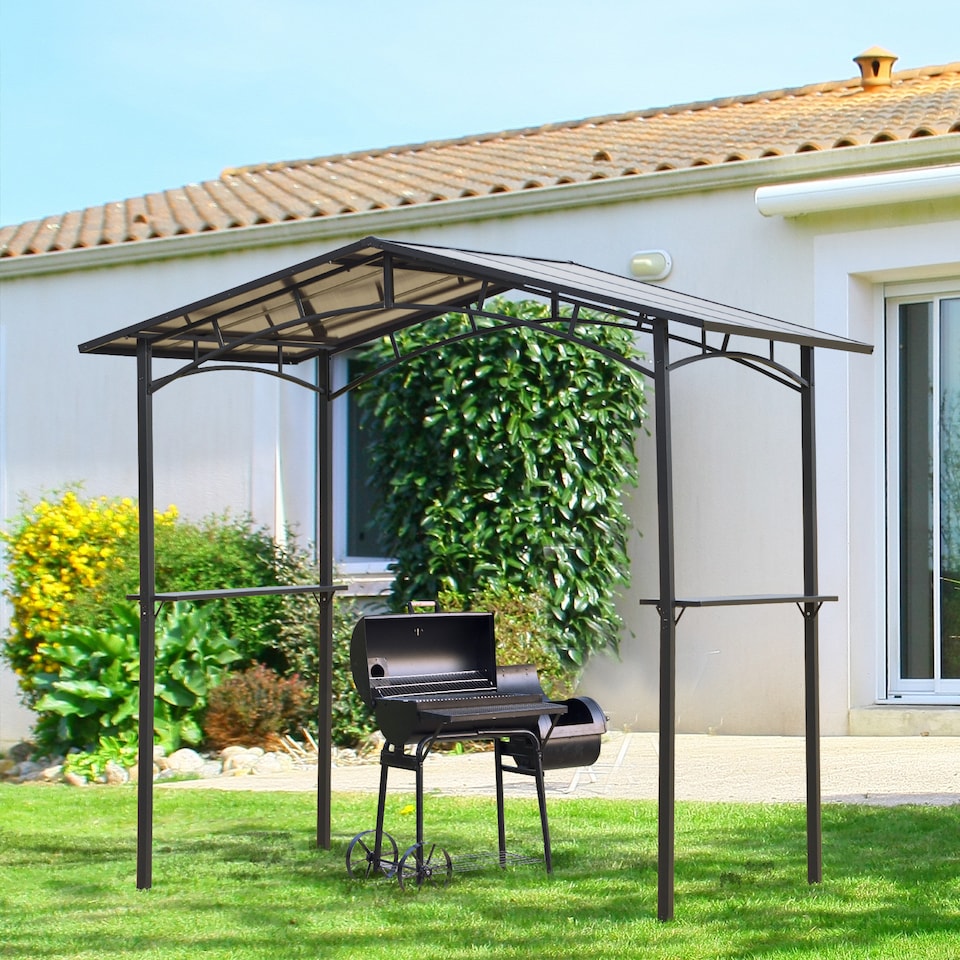 image 1 of Outsunny 8ft x 5ft Outdoor BBQ Protective Gazebo Tent Aluminium Steel Frame w2 Shelves Hardtop Roof Canopy Ground Stakes Safe Cooking