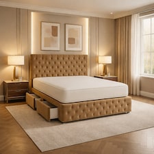 5FT Kingsize Beige Plush Velvet Divan Bed With Headboard & Footboard and Memory Sprung Mattress 2 Drawers Right Side Laying in Bed