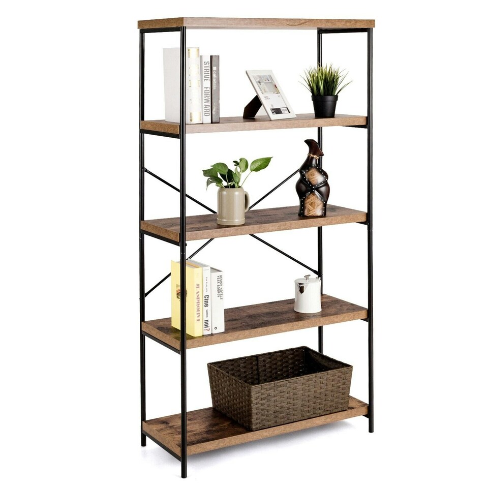 image 1 of COSTWAY 5-Tier Bookshelf Wood Bookcase Display Rack Brown Brown