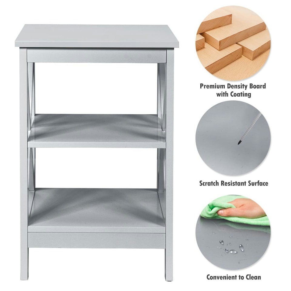 image 1 of COSTWAY 3-Tier Nightstand Side Table X-Design End Table Grey