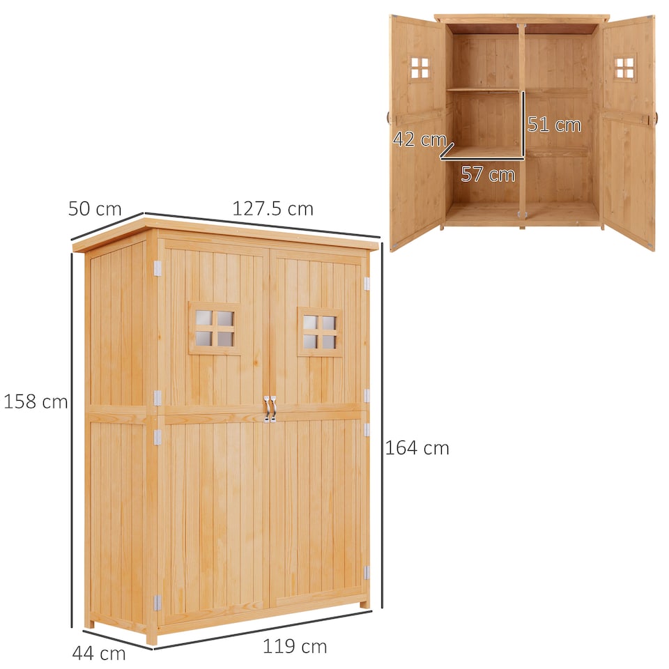 image 1 of Outsunny Wooden Garden Shed with Two Windows, Tool Storage Cabinet, Outdoor Double Door Organizer 127.5L x 50W x 164H cm, Natural