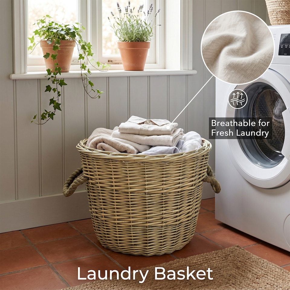 image 1 of Wickerfield Round Wicker Log Basket with Rope Handles and Fabric Lining