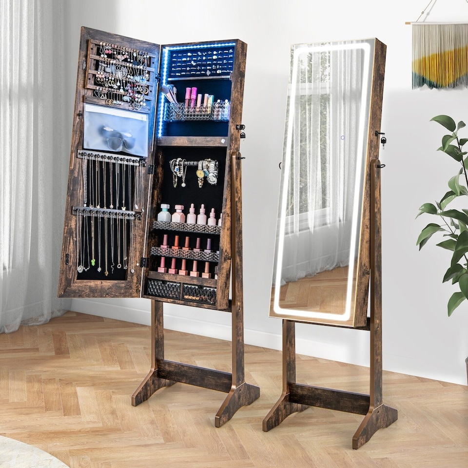 image 1 of COSTWAY Standing Jewelry Cabinet Jewelry Armoire w/ LED Lights Coffee