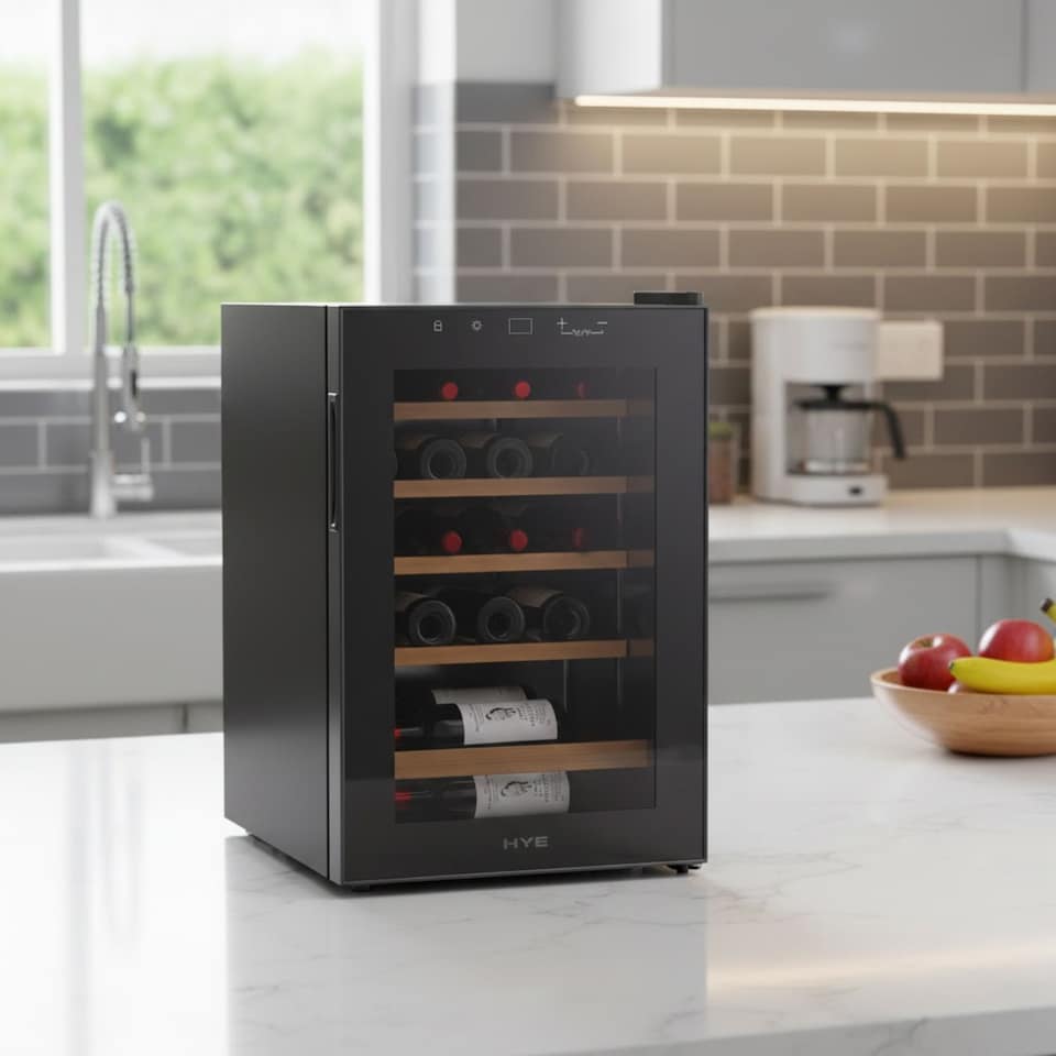 image 1 of HYE 62L Wine Cooler 20 Bottles, 43cm, Touch Controls, LED Lights, Black, Wooden Shelves - RF01WC20B31