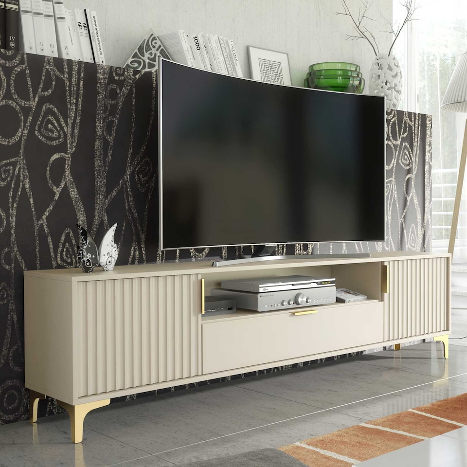 image 1 of TV Stand TV Unit Cabinet Sideboard Media Cabinet Cashmere Fluted Gold Legs 200cm