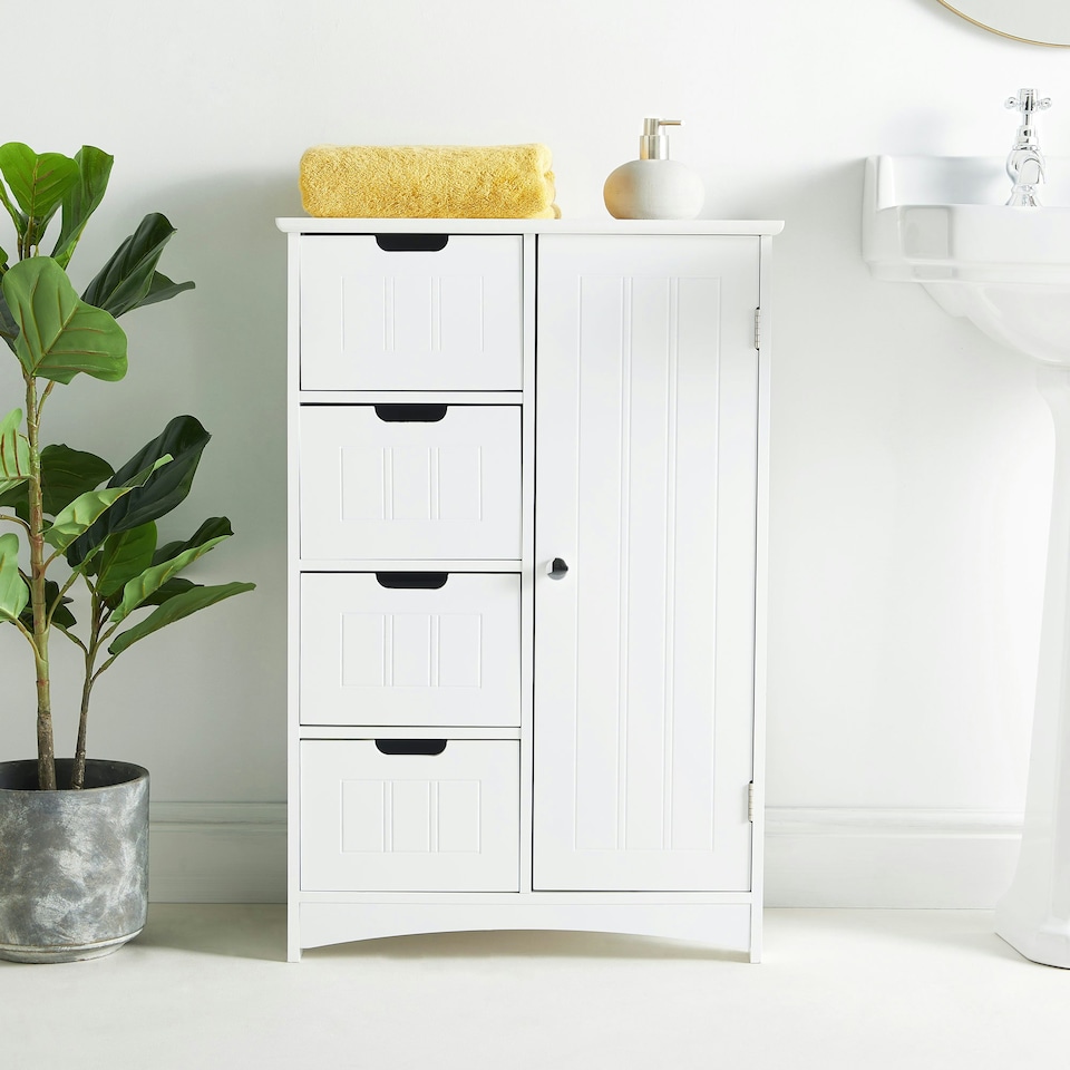 image 1 of VonHaus Holbrook White Bathroom Floor Cabinet with 4 Drawers