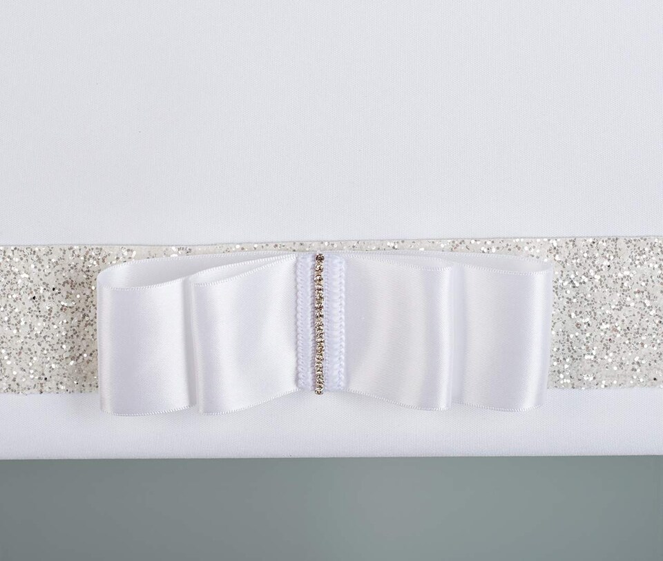 image 1 of FURNISHED Blackout Roller Blind with White Glitter Trim and White Bow Trimmable Window Shade | White | White | (W) 205cm x (L) 210cm