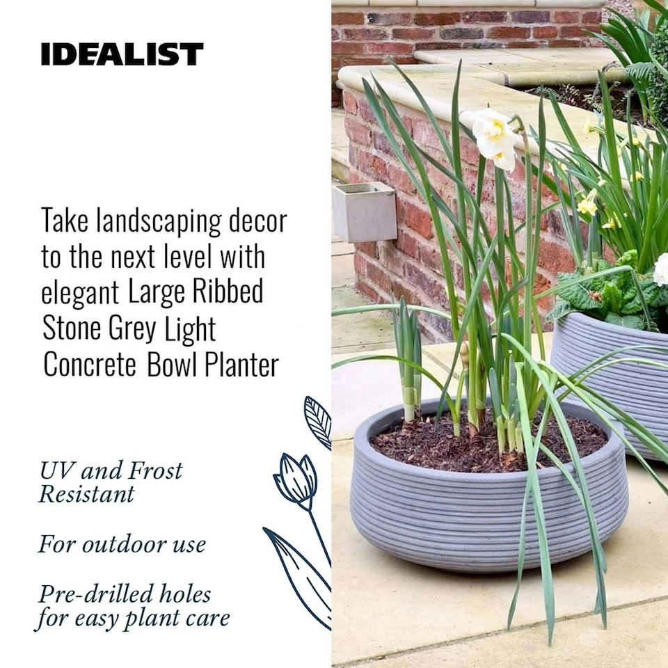 image 1 of Large Ribbed Stone Grey Light Concrete Bowl Garden Planter H12 D31 cm, 9 ltrs Cap.