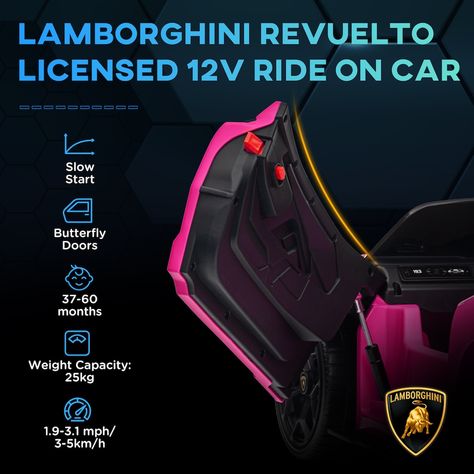 image 1 of AIYAPLAY Lamborghini Revuelto Licensed Kid Electric Car, 12V Kids Electric Ride On with Butterfly Doors, Suspension, Remote Control, LED Lights, Horn, USB, MP3 for 3-5 Years, Pink