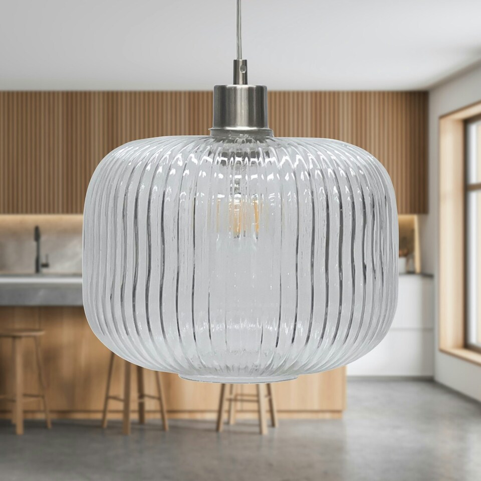image 1 of First Choice Lighting Batley Large Clear Ribbed Glass with Satin Nickel Pendant Fitting Silver | Clear