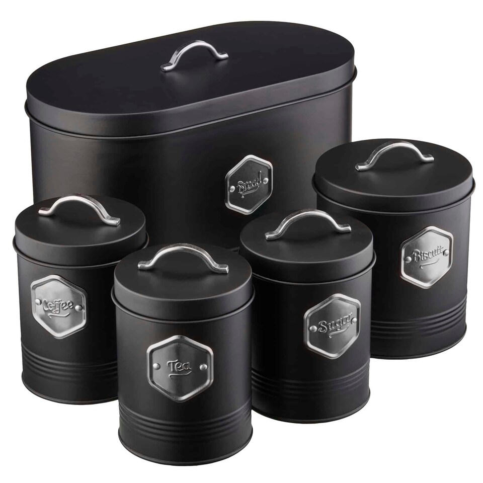 image 1 of Cooks Professional Kitchen Storage Set | 5-Piece | Bread Biscuit Tea Coffee Sugar | Black & Silver