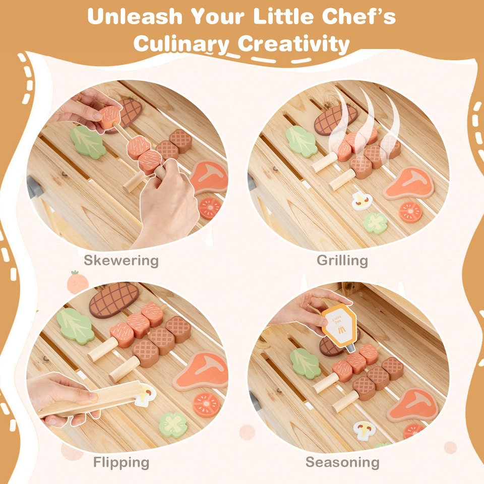 image 1 of COSTWAY Wooden Barbecue Grill Toy Set Kids BBQ Grill Playset With Play Food Natural