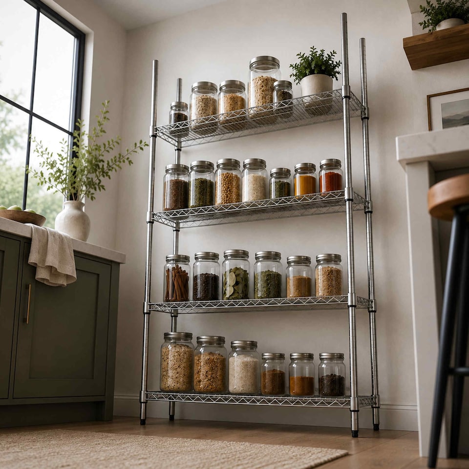 image 1 of 4 Tier Heavy Duty Steel Wire Rack Kitchen Storage Unit with Wheels | Silver