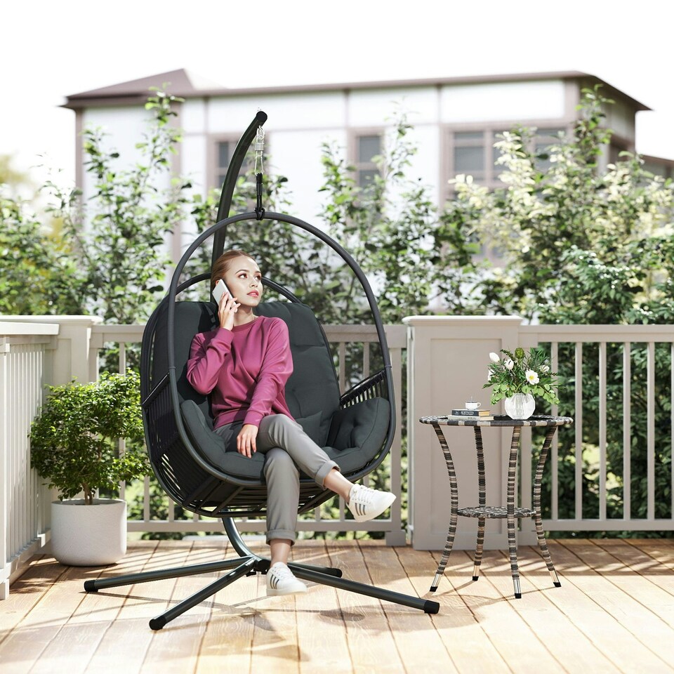image 1 of Outsunny Hanging Egg Chair w/Stand & Cushions, Dark Grey Grey | Dark Grey