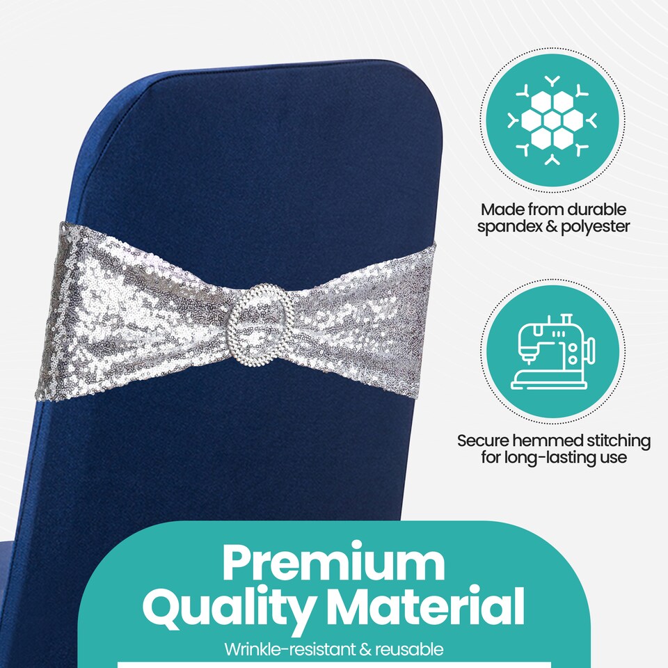 image 1 of Sequin Chair Sashes Stretch Spandex Chair Bands with Silver Buckle - 10pcs