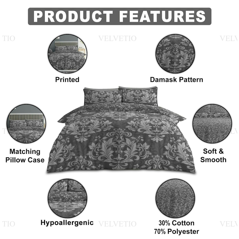 image 1 of VELVETIO Ananias Damask Complete Duvet Cover Set with Fitted Sheet Printed Bedding Quilt Grey | Double