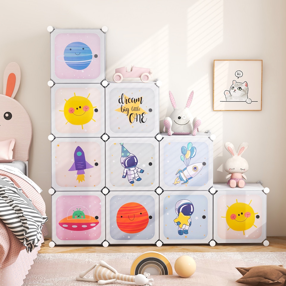 image 1 of COSTWAY Portable Children Wardrobe 12 Cubes Kid Closet White | White