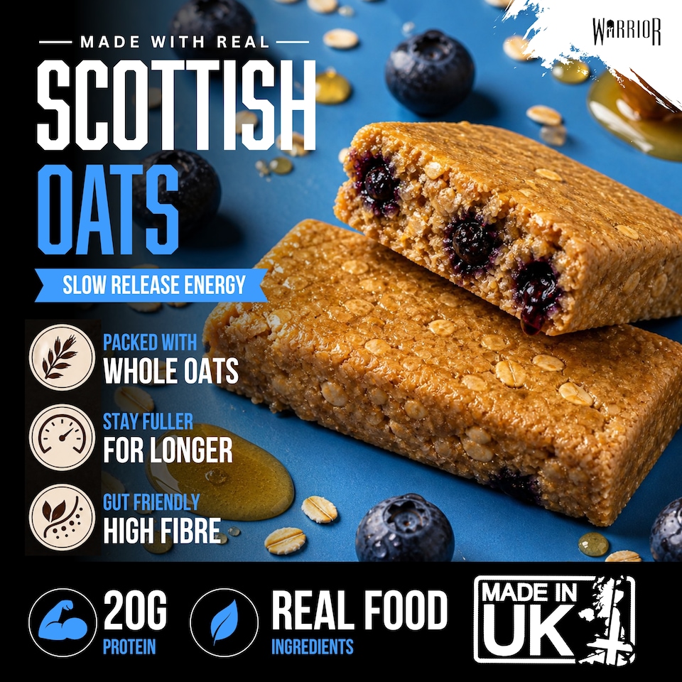 image 1 of Warrior RAW Protein Bars 12 x 75g – 20g High Protein Bar, Low Sugar High Fibre Oat Protein Flapjack – Protein Snacks, Meal Replacement Bars (Honey Berry)