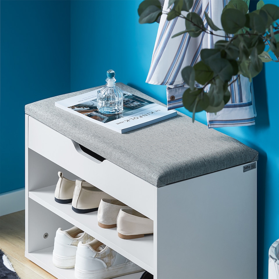 image 1 of SoBuy Shoe Storage Bench with Padded Seat, 2-Tier Shoe Rack, White/Grey, 23.6x11.8x16.9 in, 13 kg - FSR25-HG