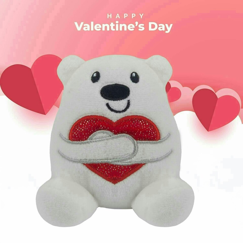 image 1 of Valentines Love Bear Soft Toy Hugging Shiny Heart Cute Plush Cuddly 10cm White