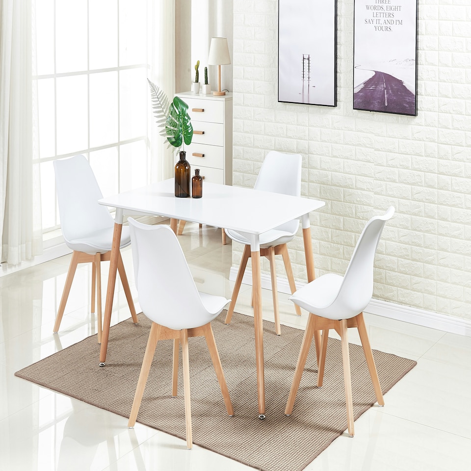 image 1 of 5PCs Dining Set - a White Halo Dining Table & Set of 4 Lorenzo Tulip Chairs with Padded Seat | White