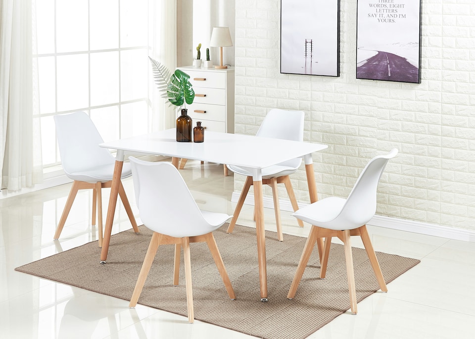 image 1 of 5PCs Dining Set - a White Halo Dining Table & Set of 4 Lorenzo Tulip Chairs with Padded Seat | White