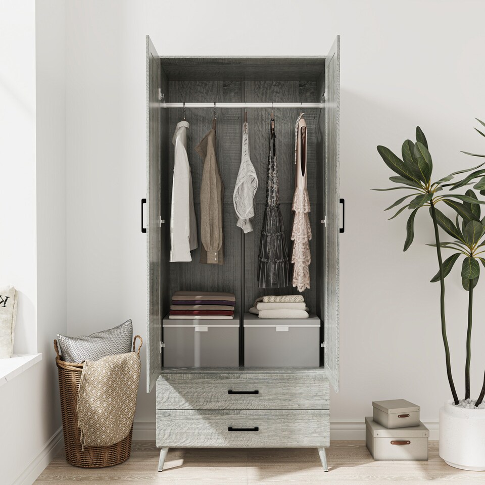 image 1 of 2-Door 2-Drawer Mirror Wardrobe with Legs | Grey | Ash Grey & Ash Grey | 55 x 9.5 x 149 | 1