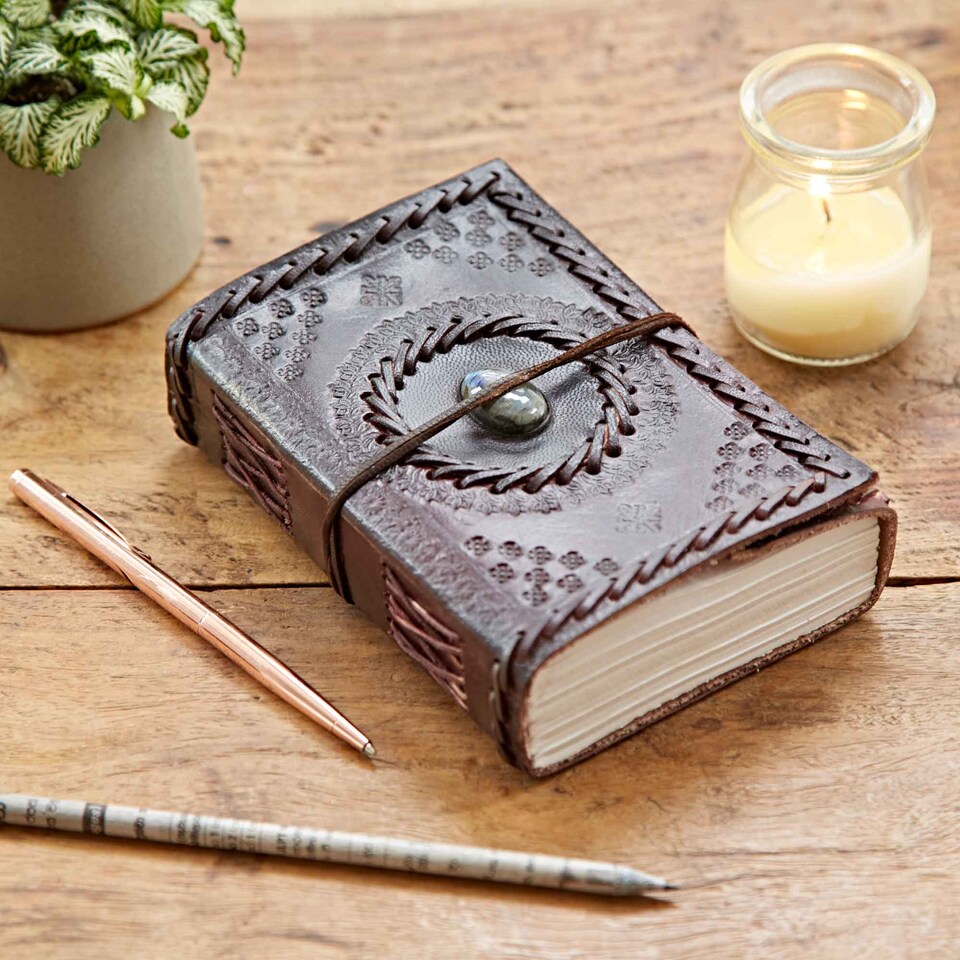 image 1 of Indra Medium Embossed and Stitched Leather Journal with Semi-Precious Stone